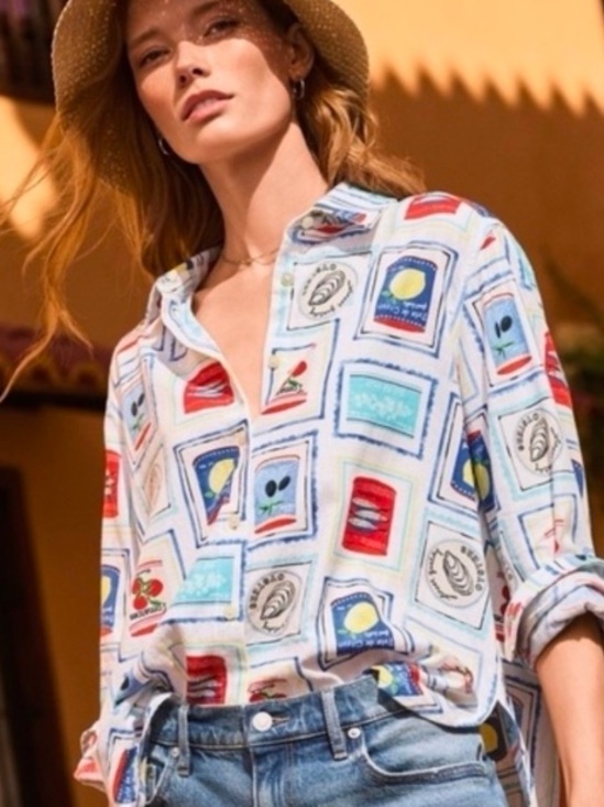 Jane and Delancey Tops - Jane and Delancey White Button-Down with Multicolor Graphic Print